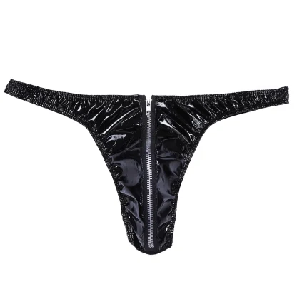 Glossy Zip Crotch Black Thong - Image 3