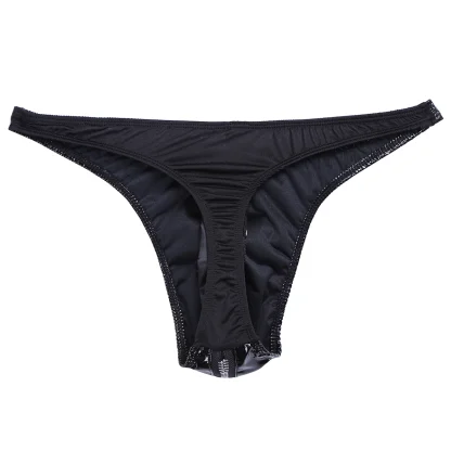Glossy Zip Crotch Black Thong - Image 4