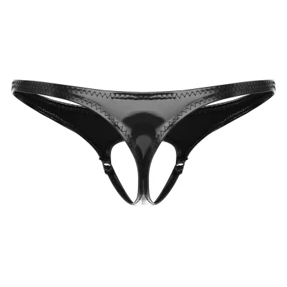 Sleek Black Shiny Crotchless Thong - Image 5