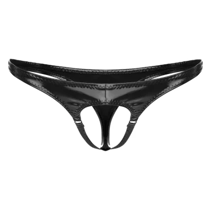 Sleek Black Shiny Crotchless Thong